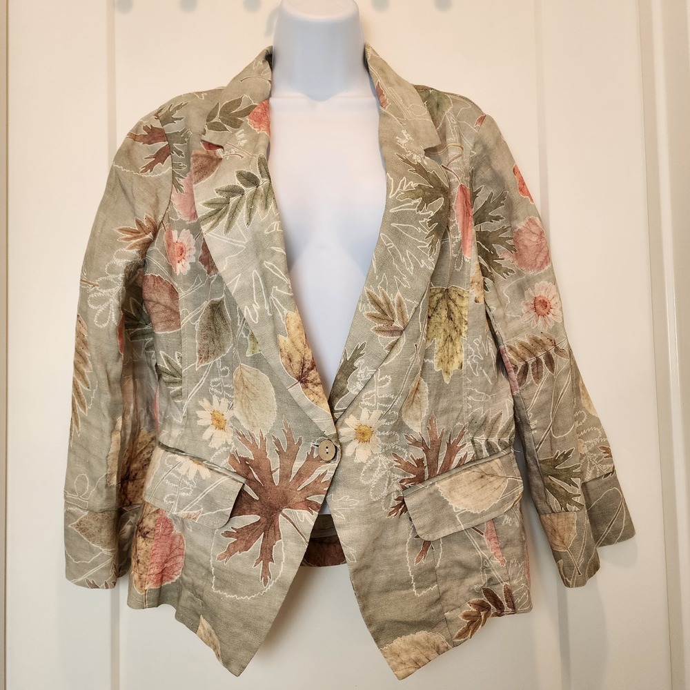 Yuvita Linen Blazer Jacket Women Large Botanical Leaf Artsy‎ Cottagecore Coastal